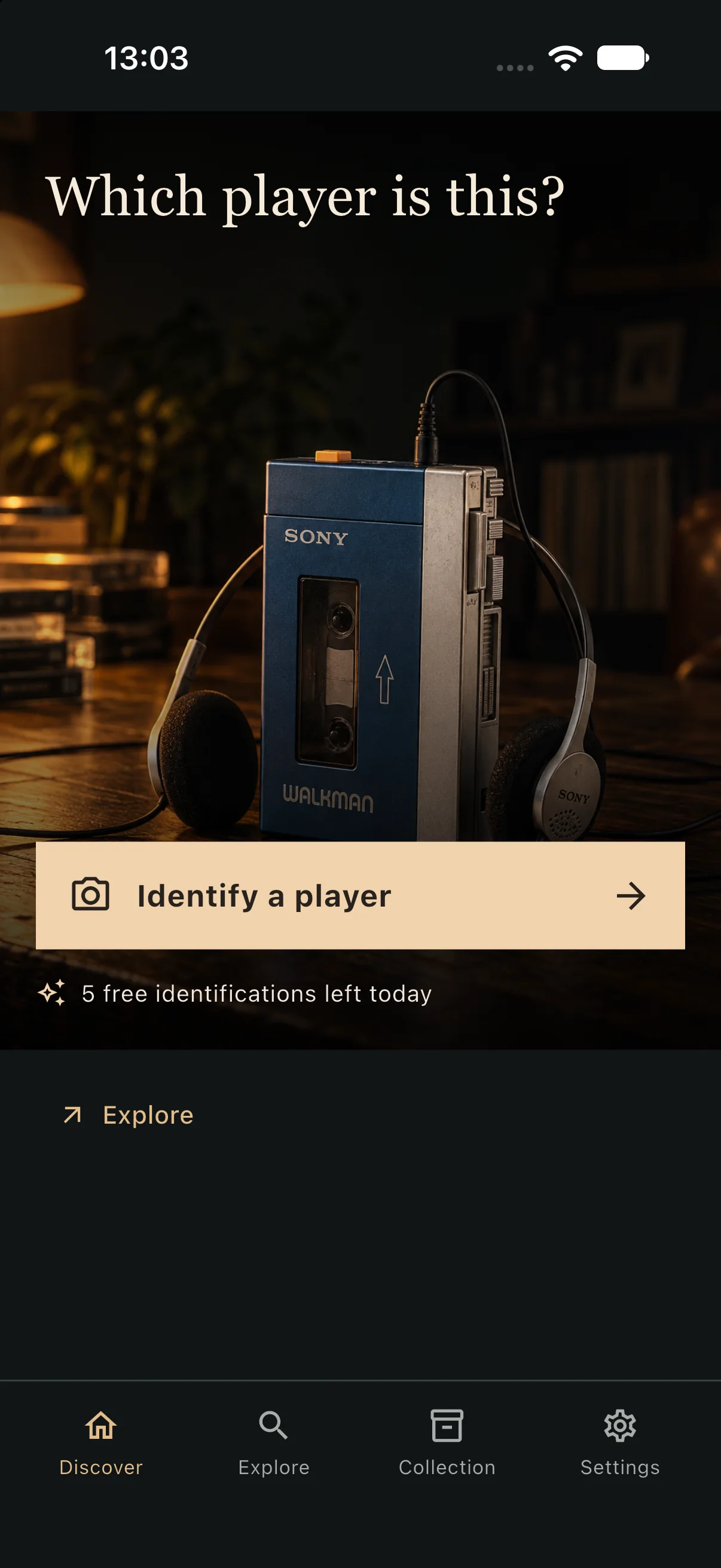 Identify screen featuring the blue Sony TPS-L2 Walkman and photo actions